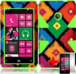 Nokia Lumia 521 (T Mobile) 2 Piece Silicon Soft Skin Hard Plastic Image Case Cover, Rainbow Abstract Plaid Pattern + LCD Clear Screen Saver Protector Cell Phones & Accessories