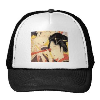 望遠鏡を覗く女, 北斎 Girl with Telescope, Hokusai, Ukiyo e Mesh Hats