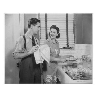 Man and Woman Doing Dishes Print