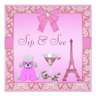 Sip & See Paris Damask Pink Poodle Baby Shower Personalized Invite
