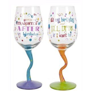 Happy Birthday Wine Glass with Curvy Stem   Choose Message Kitchen & Dining