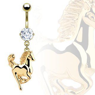 Gold Plated Belly Ring Cubic Zirconia/Horse Dangle   14G   3/8" Length   Sold Individually Curved Belly Button Piercing Barbells Jewelry