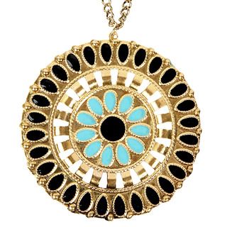 Goldtone Turquoise and Black Enamel Medallion Necklace West Coast Jewelry Fashion Necklaces