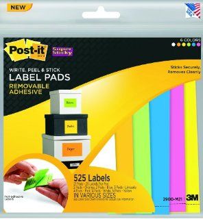 Post it Super Sticky Removable Label Pads, Assorted Neon Colors and Sizes, 21 Pads, 525 Labels per Pack (2900 M21) 