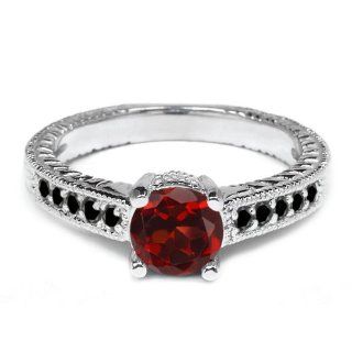1.17 Ct Round Red Garnet Black Diamond 18K White Gold Engagement Ring Jewelry