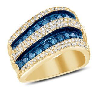 10K Yellow Gold Prong Set Round Brilliant Cut Blue and White Diamond Ladies Womens Fashion, Wedding Ring OR Anniversary Band (1.27 cttw.) Jewelry