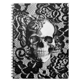 Black and white rose skull on lace background. spiral notebook