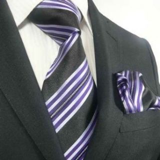 Landisun 43K Black Purple Stripes Mens Silk Tie Set Tie+Hanky &Plastic Hook at  Men�s Clothing store