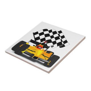Yellow Race Car with Checkered Flag Ceramic Tiles