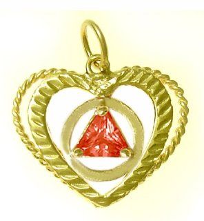 Alcoholics Anonymous AA Recovery Symbol Pendant #531 4, 13/16" Wide and 13/16" Tall, 14k Gold, 5mm Cubic Zirconia Triangle Set in a Open Heart, January Garnet Jewelry