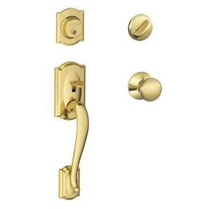 Schlage Camelot Single Cylinder Bright Brass Handleset with Plymouth Interior Knob F360 CAM 505 PLY 605