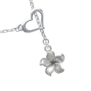 Silver Plumeria Flower Heart Lariat Charm Necklace Delight Jewelry