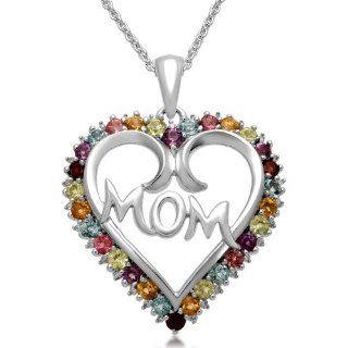 Sterling Silver Multi Stone and Diamond Heart Pendant Necklace, 18" Jewelry