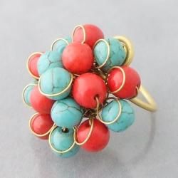 Brass Reconstructed Turquoise and Red Coral Cluster Ring (Thailand) Rings