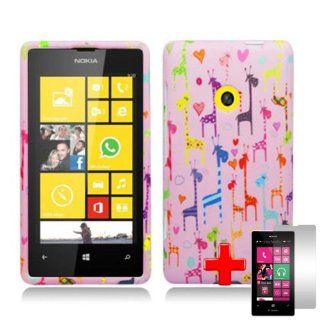 Nokia Lumia 521 (T Mobile) 2 Piece Snap on Rubberized Image Case Cover, Rainbow Giraffe Pattern + LCD Clear Screen Saver Protector Cell Phones & Accessories