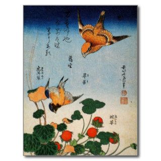 Shrike, Jay, Saxifrage and Strawberry (by Hokusai) Post Cards