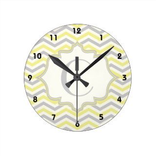 Modern yellow, grey, ivory chevron pattern custom wall clocks