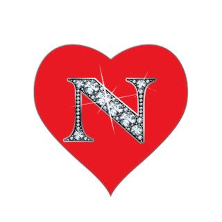 "N" Diamond Bling on Red Heart Sticker