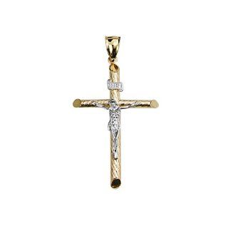 14K Yellow & White Gold 50mm(H) x 30mm(W) mm Religious Crucifix Jesus Cross Charm Pendant The World Jewelry Center Jewelry