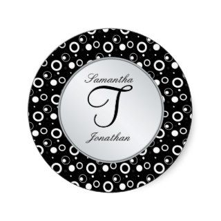 Monogram "T" black white bubbles circles Wedding Round Sticker