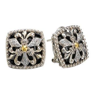 925 Silver, Onyx & Diamond Fleur De Lis Earrings with 18k Gold Accents (0.12ctw) Firenze Collection Jewelry