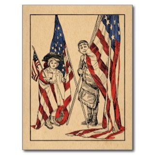 Vintage Patriotic Girl & Boy with American Flag Postcards