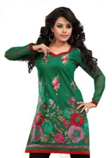 Green Cotton Tunic Floral Embroidered Top Casual Dress Clothing
