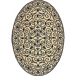Hand hooked Iron Gate Ivory/ Navy Blue Wool Rug (4'6 x 6'6 Oval) Safavieh Round/Oval/Square
