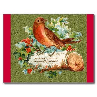 Vintage Merry Christmas Bird on Log with holly Post Cards