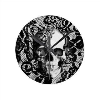 Black and white rose skull on lace background. clocks