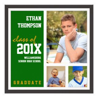 Graduation Announcement with 3 Photos Green