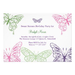 Colorful Fluttering Butterflies Sweet Sixteen Custom Invitations