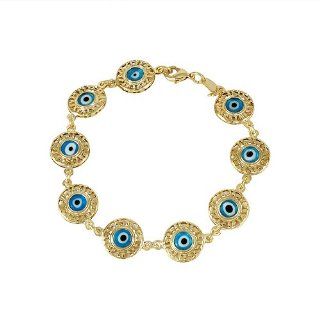 Yellow Gold Layered Evil Eye Charm Amulet Filigree Circle Men Women Teen Bracelet 7" Jewelry