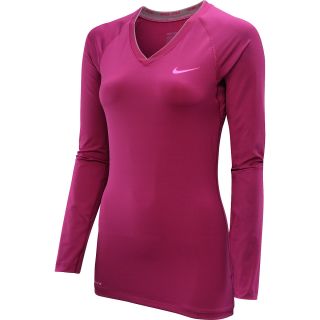 NIKE Womens Pro II V Neck Long Sleeve Top   Size Medium, Raspberry/pink