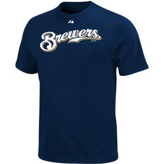 Majestic Mens Milwaukee Brewers Offical Wordmark Navy Tee   Size Large,