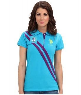 U.S. Polo Assn Double Diagonal Striped Polo Womens Short Sleeve Knit (Blue)