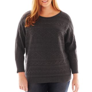 LIZ CLAIBORNE Dolman Sleeve Braided Cable Sweater   Plus, Charcoal Heather,