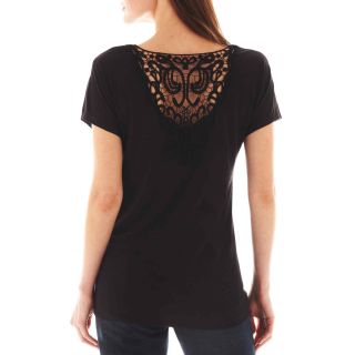 I Jeans By Buffalo Short Sleeve Lace Inset Tee, Black, Womens