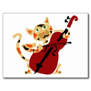 Funny Calico Cat Playing Cello Art Cartoon Postcards