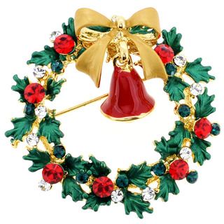 Goldtone Crystal Christmas Bell and Wreath Brooch Brooches & Pins