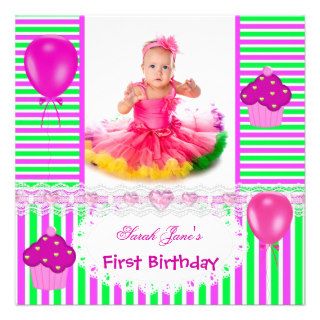 First Birthday 1st Girl Hot Pink Stripe Lime Green Announcement