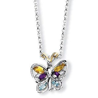 SS 0.535ct 14K Yellow Gold 18in Citrine Amethyst Blue Topaz Butterfly Necklace Jewelry
