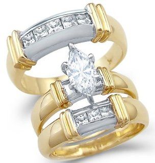 Size  4   Solid 14k 2 Tone Gold Marquise CZ Engagement Wedding His and Hers Trio Three Piece Ring Set 1.5 ct Jewelry