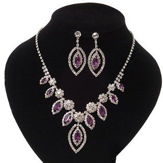 Purple/Clear Swarovski Crystal 'Leaf' Necklace And Drop Earring Set In Silver Plated Metal Jewelry