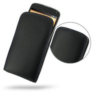 LG Nexus 4 Leather Case   E960   Vertical Pouch Type (NO Belt Clip) (Black Purple Stitchings) by PDair Electronics