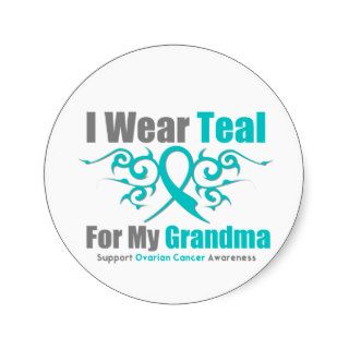 Ovarian Cancer Teal Tribal Ribbon Grandma Round Sticker