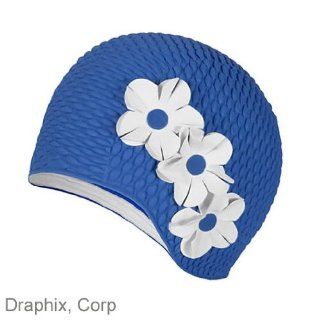 Retro Floral Swim Cap with Floral Flower Petals   Blue/White 