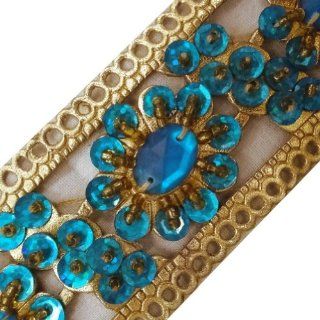 Turquoise Blue Artificial Leather Trim Beaded Sequin Sewing Border Lace India 1 Yd