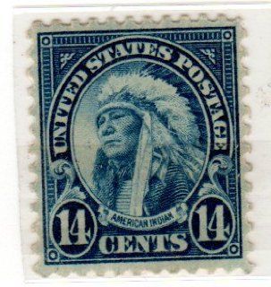 Postage Stamps United States. One Single 14 Cents Blue American Indian Stamp Dated 1923, Scott #565. 