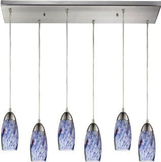 Elk 110 6RC BL 30 by 9 Inch Milan 6 Light Pendant with Starburst Blue Glass Shade, Satin Nickel Finish   Ceiling Pendant Fixtures  